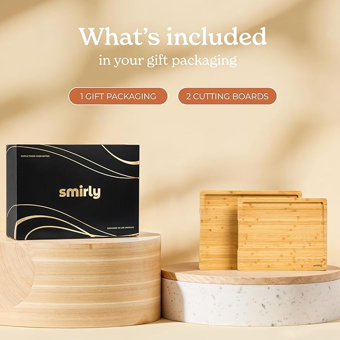 SMIRLY Bamboo Wooden Cutting Boards for Kitchen, Set of 2 Medium - Small, Bamboo Wood Cutting Board Set with Deep Juice Grooves, Non Toxic Serving Tray, House Warming Gifts