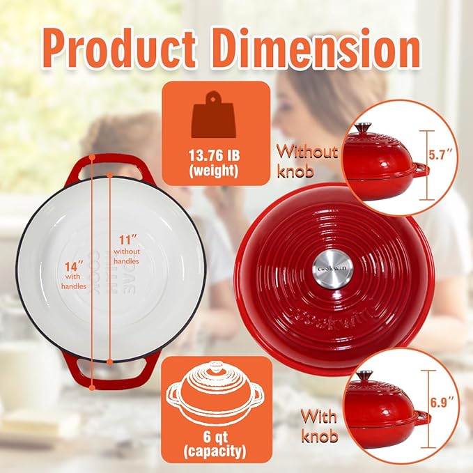 Enameled Cast Iron Dutch Oven with Lid,11”Dutch Oven for Homemade Bread,6 Quart Bread Pans,Bread Oven for Sourdough Bread Baking-with Silicone Baking Mat,Red Thick Enamel Bread Pan-Gifts for Family