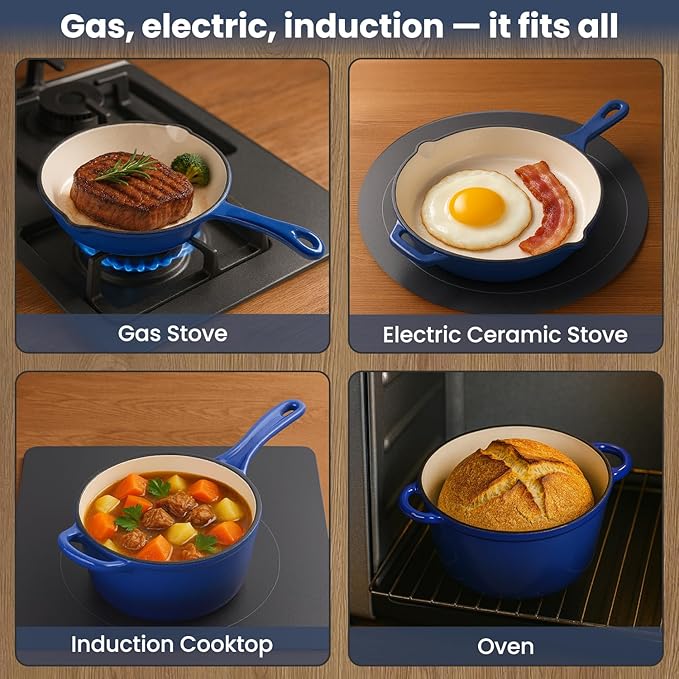 QuliMetal Enameled Cast Iron Cookware Set, 5 Pcs Pots and Pans with Lid, Skillet, Frying Pan, Saucepan & Dutch Oven for All Stovetops, PFA Free - Ideal for Sourdough Bread Baking