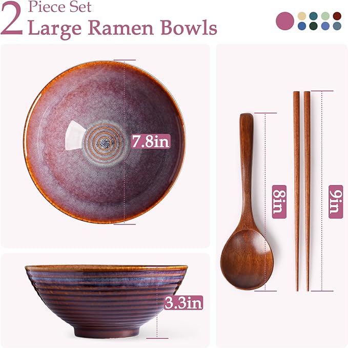NUTRIUPS 8 Inch Ceramic Ramen Bowl Set of 2 Pho Bowls 40oz Japanese Noodle Udon Soup Bowls with Spoons and Chopsticks (Lavender)