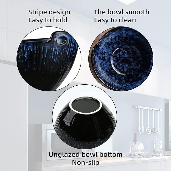 Ramen Bowl with Chopsticks and Spoons Set, 7 Inch Ceramic Noodle Bowl Set of 2, Dishwasher Safe for Pho Udon Soba Noodle Salad Pasta, Special Reactive Glazed Navy Bowls Set