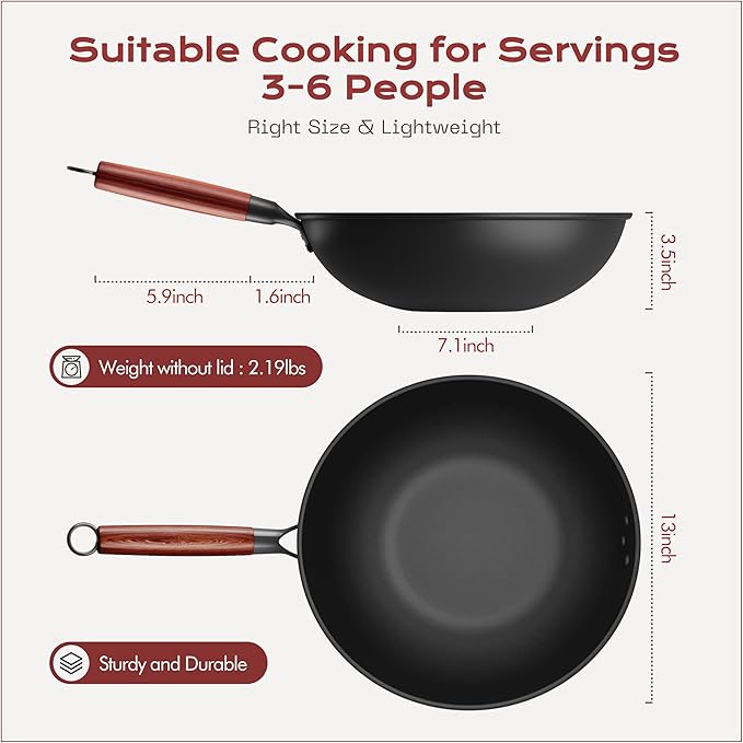 Carbon Steel Wok 13-Inch Wok Pan with Glass Cover Silicone Spatula, Non-Stick Surface Woks & Stir-Fry Pans Pre-Seasoned Chinese Wok Pan for Induction, Electric, Gas Stoves Cooking