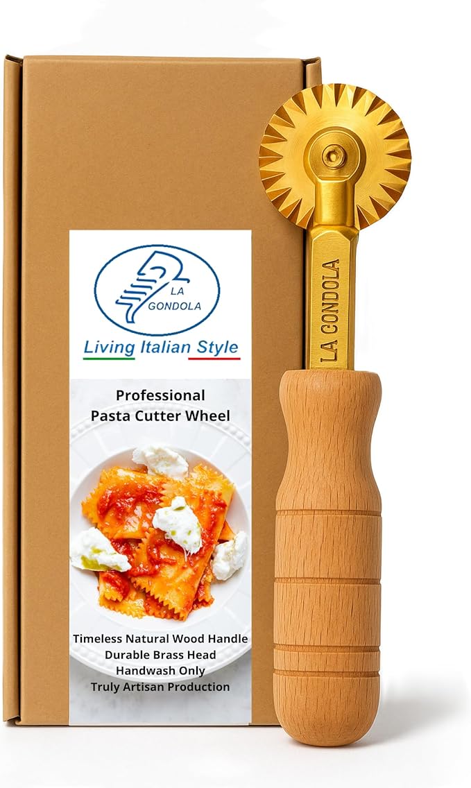 La Gondola Homemade Pasta Cutter - Festooned Wheel | Italian Pasta Making Tool for Home and Business | Brass & Natural Wood | Safe & Easy to Use Pasta Cutting Tool | Ravioli Cutter Made in Italy