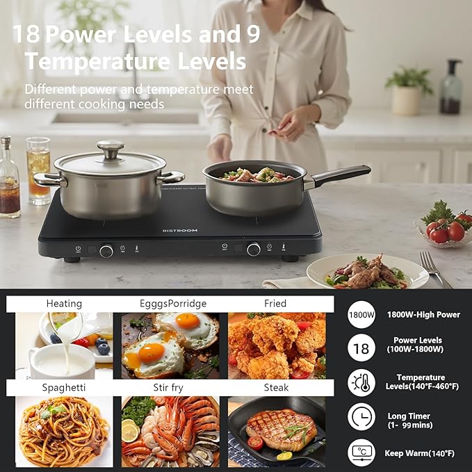 Double Burner Induction Cooktop Continuous Low Power 9 Temperature Countertop Knob Control 1800W 18 Power 2 Electric Sensor Touch Timer Stove