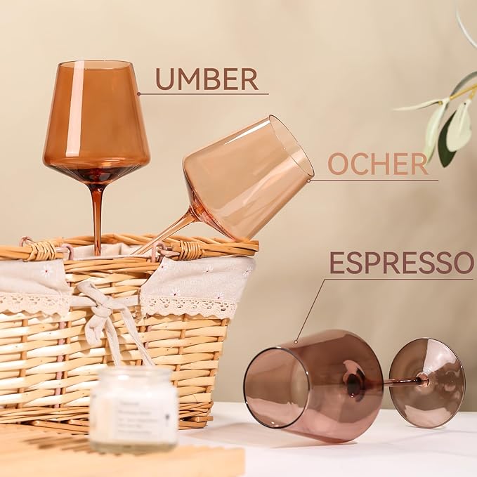 Brown Wine Glasses Set of 6-18oz【Hand Blown】 Crystal Amber Stemmed Venus Wine Glasses-Brown Wine Glass set for Fall Autumn Winter Wine Dinner