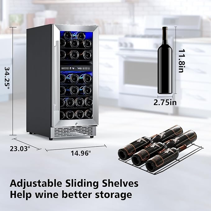 15″ Undercounter Dual Zone Wine Cellar Mini Fridge, 28 Bottle Wine Cooler with Lock, Built In, Freestanding, 41-68℉ Temperature Range, LED Control, Stainless Steel Frame, Adjustable Steel Shelves