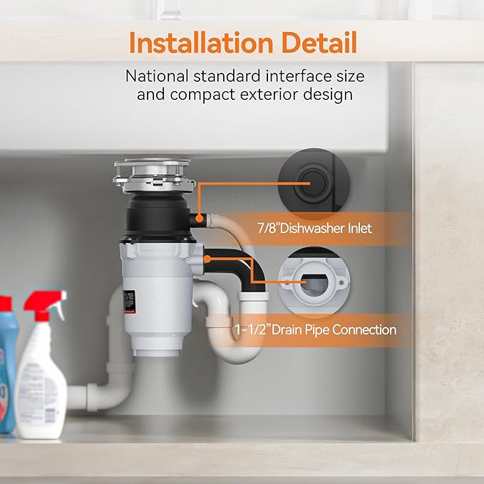 1/2 HP Garbage Disposal, Stainless Steel Food Waste Grinding System and 3-Bolt Mounting, Continuous Feed Compact Garbage Disposals, Power Cord Included, Taskmaid Series 50