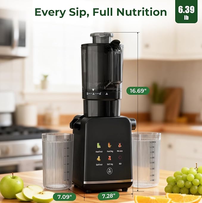 Cold Press Juicer Machine, 4.4" Wide Feed Chute, Slow Masticating Juicer for Whole Vegetables & Fruits, High Juice Yield, Easy to Clean & Assemble, One-touch Digital Color Control Panel