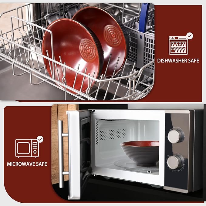 NUTRIUPS 8 Inch Ceramic Ramen Bowl Set of 2 Pho Bowls 40oz Japanese Noodle Udon Soup Bowls with Spoons and Chopsticks (Rusty Red Brown)