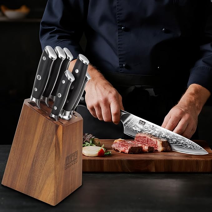 SHAN ZU Damascus Kitchen Knife Set, 7-Piece Professional Knife Sets for Chefs, Japanese Super Steel Damascus Kitchen Knife Set With G10 Handle Knife Block Set