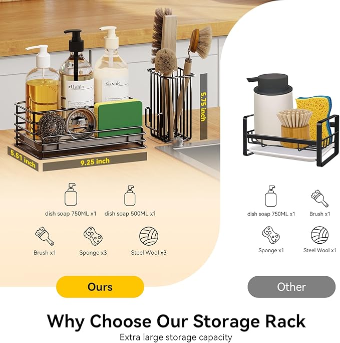 Yofidra Kitchen Sink Caddy: Sink Sponge with Instant Drying Stone, Metal Stainless Steel Dish Sponge Holder Basket for Sponges, Scrubbers, Soap, 9.5" X 5.5" X 5.7" Home Decor Storage and Organization