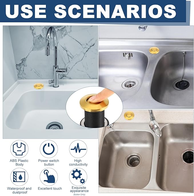 Garbage Disposal Air Switch Kit Dual Outlet Sink Top Waste Disposal On/off Stainless Steel Satin Nickel Button Extra Long Food and Waste Disposer, UL List(Gold)