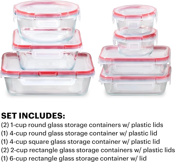 Pyrex Freshlock (7-Pack) Glass Food Storage Containers Set, (1, 2, 4 Cups) Airtight & Leakproof Locking Lids BPA-Free, Meal Prep Containers Set, Freezer Dishwasher Microwave Safe