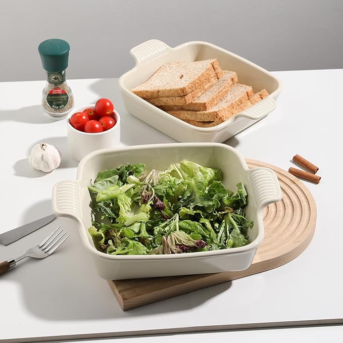 Sweejar Ceramic Baking Dish, 8 x 8 Cake Baking Pan for Brownie, Porcelain Square Bakeware with Double Handle for Casserole, Lasagna, Family Dinner (Beige)