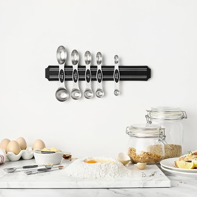 Spring Chef Stainless Steel Magnetic Measuring Spoons Set with Strong N45 Magnets, Heavy Duty Metal Kitchen Gadgets for Baking & Cooking, Fits in Most Kitchen Spice Jars, Set of 8 with Leveler, Black