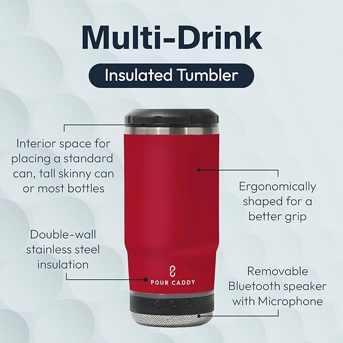 Chill & Brew, Insulated Can & Bottle Holder, Bluetooth Cup with Speaker, Fits 12 oz Cans, Skinny Cans, Most Bottles & Cold Drinks, Red