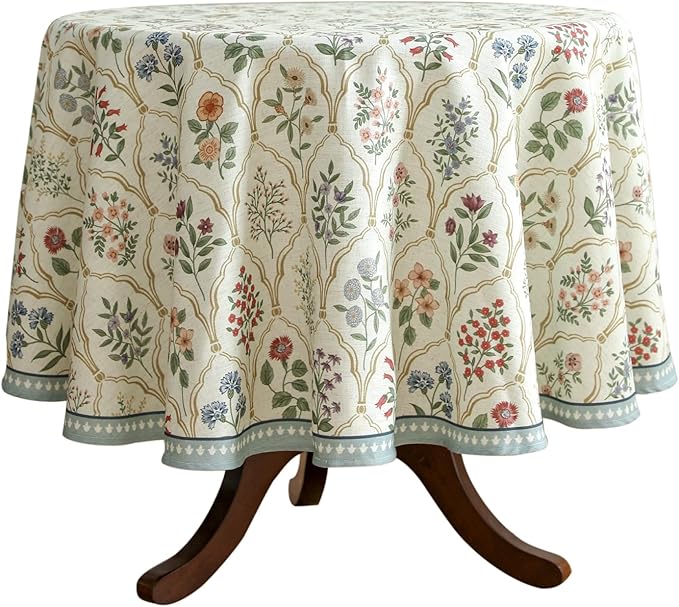 Floral Tablecloth for Round Tables,Linen Table Cloth with Colorful Flowers Pattern,Heavy Durable Table Cover for Dining Thanksgiving Kitchen Decor Party Christmas, Diameter 67"