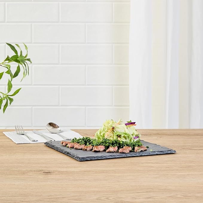 Restaurantware Slate Serving Trays 4 Pack of 10 x 10" Foam Feet Charcuterie Stone Plates Rustic Edges Freezable Black Square Serving Display Cheese Boards for Kitchen, Gourmet, Dining, Parties