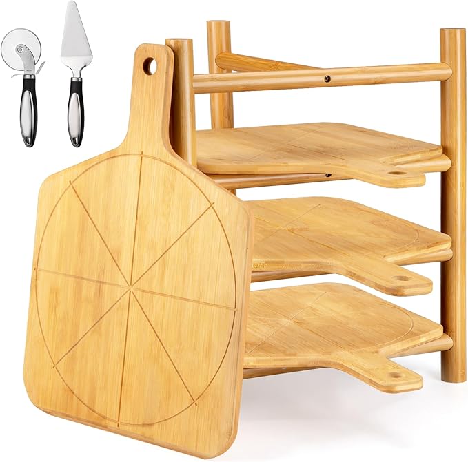 4 pcs Pizza Peel with Stand Smooth Pizza Paddle Pizza Cutting Board with 6 Slice Grooves Premium Serving Tray with Stainless Steel Pizza Cutting wheel and Pizza Shovel