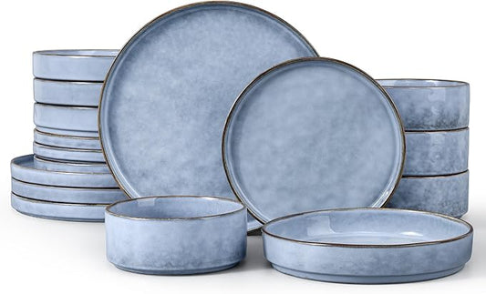 LIANYU 16 Piece Dinnerware Dish Sets with Salad Blows, Plates and Bowls Dinner Set for 4, Stoneware Dish Tableware for Dessert Salad Pasta, Microwave & Dishwasher Safe, Serenity Blue