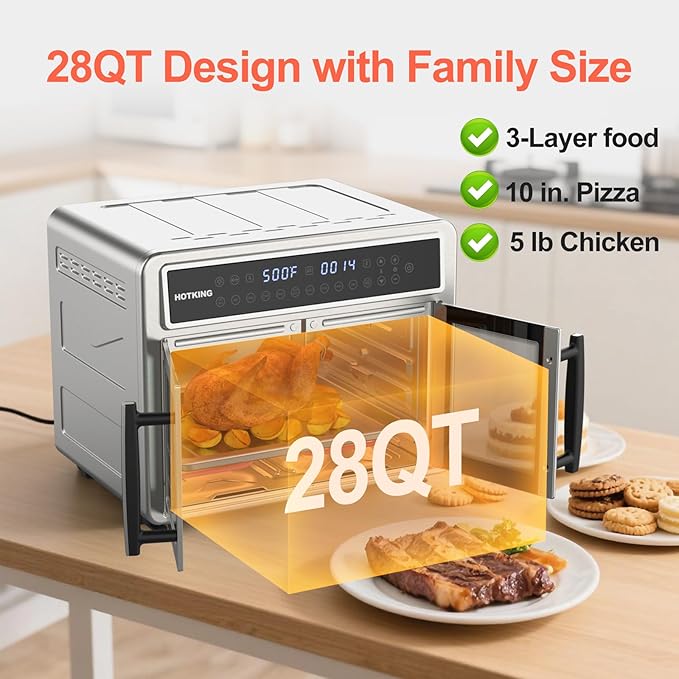 HotKing Dual-Zone Air Fryer Toaster Oven Combo, 28 QT Extra Large, Non Toxic Stainless Steel Convection Oven with French Door, Countertop Airfryer with Window, Racks, Rotisserie, Dehydrator, ETL Rated