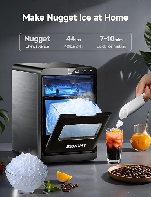 EUHOMY Nugget Ice Maker Countertop, 44Lbs/24H Pebble Ice Maker Machine, Self-Cleaning Pellet Ice Machine with Ice Scoop&Basket, Sonic Countertop Ice Machine for Home/Kitchen/Office(Black)