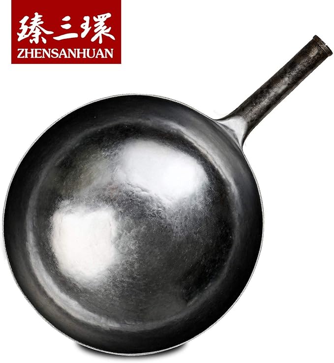 臻三环 ZhenSanHuan Chinese Hand Hammered Iron Woks and Stir Fry Pans, Non-stick, No Coating, Carbon Steel Pow (32CM, Blue Black - Seasoned)