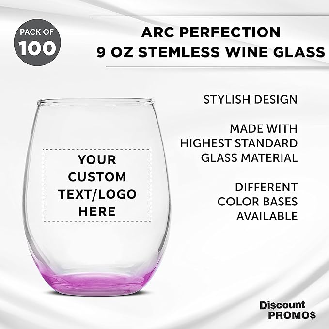 Custom Stemless Wine Glass 9 oz. Set of 100, Personalized Bulk Pack - Great for Wedding Favors, Bachelorette Party Decorations, Party Favors, Color Bottom - Pink
