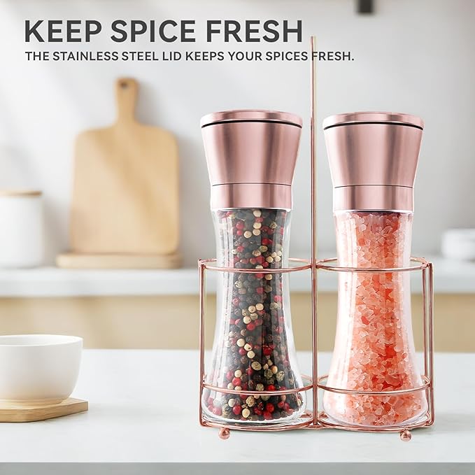 Copper Stainless Steel Salt and Pepper Grinder Set Manual Himalayan Pink Salt Mill|Salt and Pepper Shakers with Adjustable Coarseness and Clear Glass Body (Pack of 2)