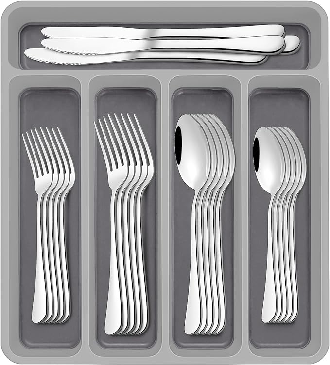 60-Piece Silverware Set with Organizer,AIVIKI Stainless Steel Flatware Set for 12,Cutlery Utensil Sets for Home Restaurant,Tableware Set Include forks spoons and knives,Mirror Polished,Dishwasher Safe