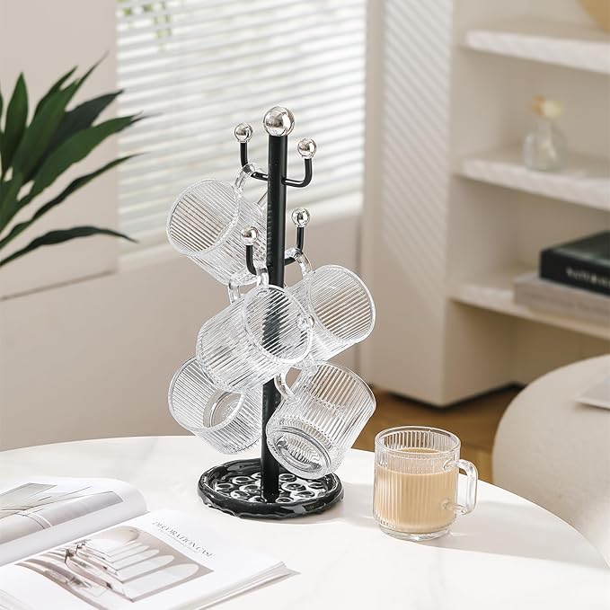 6 High-End Glass Coffee Mugs with Handles and Cup Holders, 12 Ounce Classic Vertical Striped Glass Mugs for Hot and Cold Drinks, American Style, Latte, Cappuccino