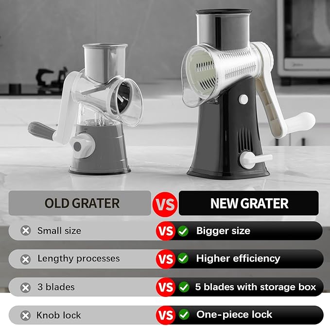 Rotary Cheese Grater, 5 in 1 Rotary Grater, Replaceable Stainless Blades Cheese Shredder, Cheese Slicer, Cheese Grater Hand Crank, Easy to Clean Kitchen Gadgets with Storage Box