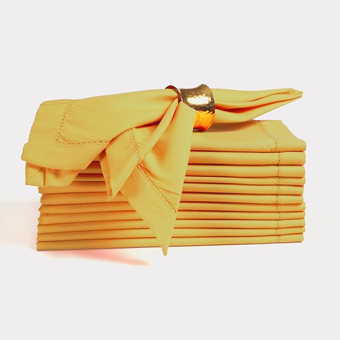Ramanta Home Set of 12 Polyester Cloth Napkins 20x20 Inches - Hemstitched Washable Dinner Napkins for Weddings, Thanksgiving, Hotel - Soft Yellow Table Linen for Parties or Everyday Use - Mustard
