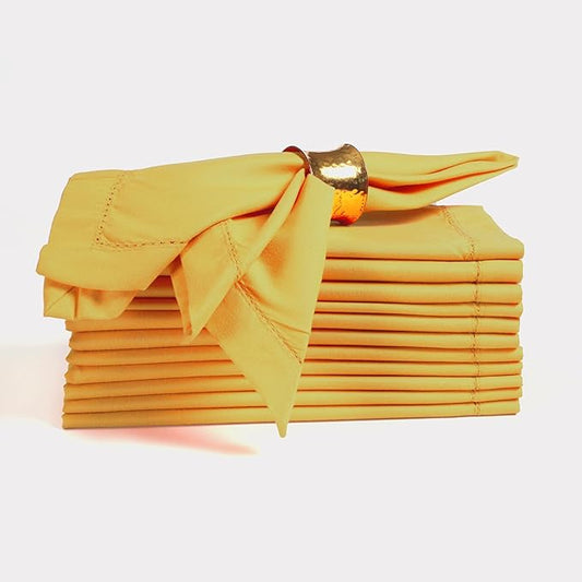 Ramanta Home Set of 12 Polyester Cloth Napkins 20x20 Inches - Hemstitched Washable Dinner Napkins for Weddings, Thanksgiving, Hotel - Soft Yellow Table Linen for Parties or Everyday Use - Mustard