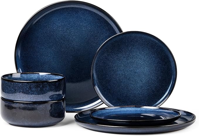 Herogo 6 Pieces Stoneware Dinnerware Set Service for 2, Dinner Plates and Bowls Sets, Double Reactive Glaze Dishes Set for Kitchen, Scratch Resistant, Microwave & Dishwasher Safe, Starry Blue