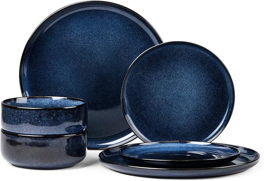 Herogo 6 Pieces Stoneware Dinnerware Set Service for 2, Dinner Plates and Bowls Sets, Double Reactive Glaze Dishes Set for Kitchen, Scratch Resistant, Microwave & Dishwasher Safe, Starry Blue