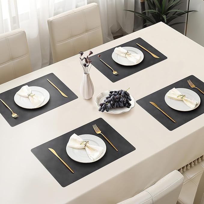 Roxifina Faux Leather Placemats Set of 4 - Vinyl Placemats Wipeable Waterproof Oil-Proof PU Place Mats Heat Resistant Reversible Table Mats for Dining, Kitchen, Outdoor, 12 x 17 Inch (Black)