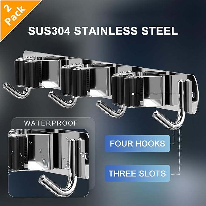 ZONGOOL 2 Pack 3 Racks and 4 Hooks Mop and Broom Holder Wall Mount, Heavy Duty Broom Hanger Organizer Storage Tool Racks Stainless Steel Self Adhesive Wall Hanger for Kitchen Garden Laundry Garage