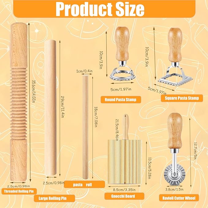 7 pcs Wood Gnocchi Pasta Making Tools Kit with Threaded Pasta Roller Pin Set,Gnocchi Board,Ravioli Stamps and Pasta Cutter.Noodle and Dumplings Maker, For Pasta Maker And Kitchen DIY Gift
