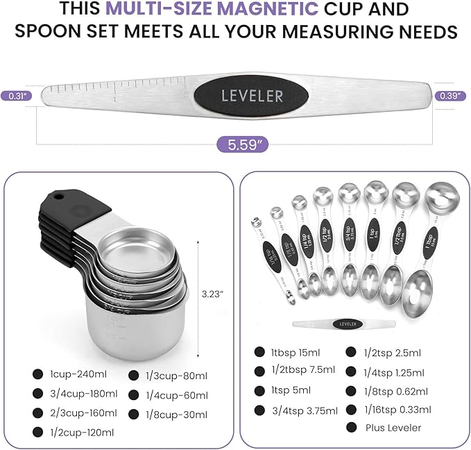 Magnetic Measuring Cups and Spoons Set-Heavy Duty 304 Stainless Steel，Double Measurement Markings，Set of 16 with Leveler for Measure Dry and Liquid Ingredients (Black)