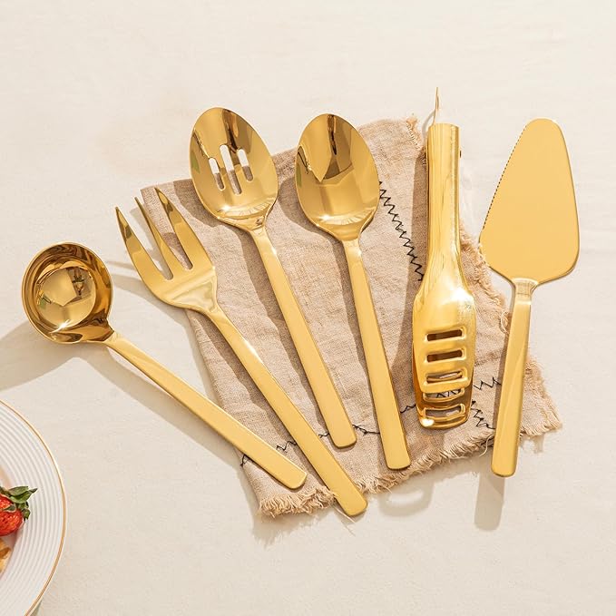 KINGSTONE Large Hostess Gold Serving Utensils Sets,18/10 Stainless Steel Heavy Duty 10inch Serving Spoons,Slotted Spoons,Serving Fork,Serving Tongs, Cake Pie Server For Buffet, Wedding, Party