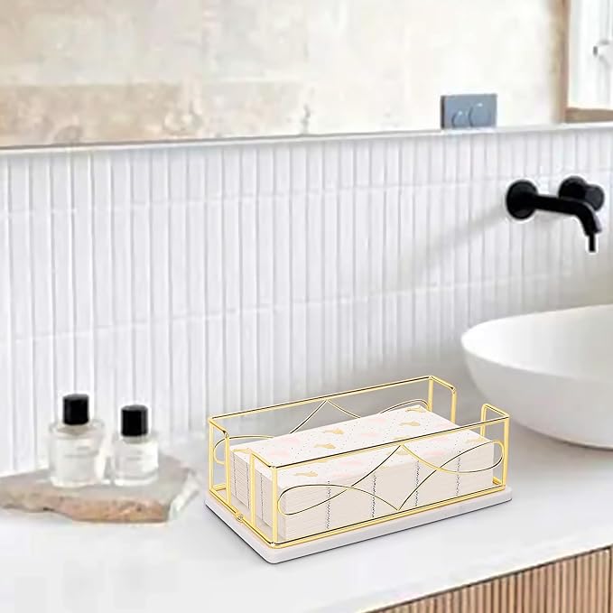 Napkin Holder with Marble Base, Guest Towel Paper Dispenser for Table, Modern Metal Napkin Stand, Ideal for All Bathroom Vanity, Kitchen Decor Accessories (Gold, 3.2 Inch)