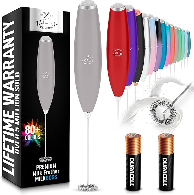 Zulay Kitchen Milk Frother Handheld Electric Whisk with AA Duracell Batteries – Durable Drink Mixer for Coffee, Lattes, Cappuccinos & More - Gray