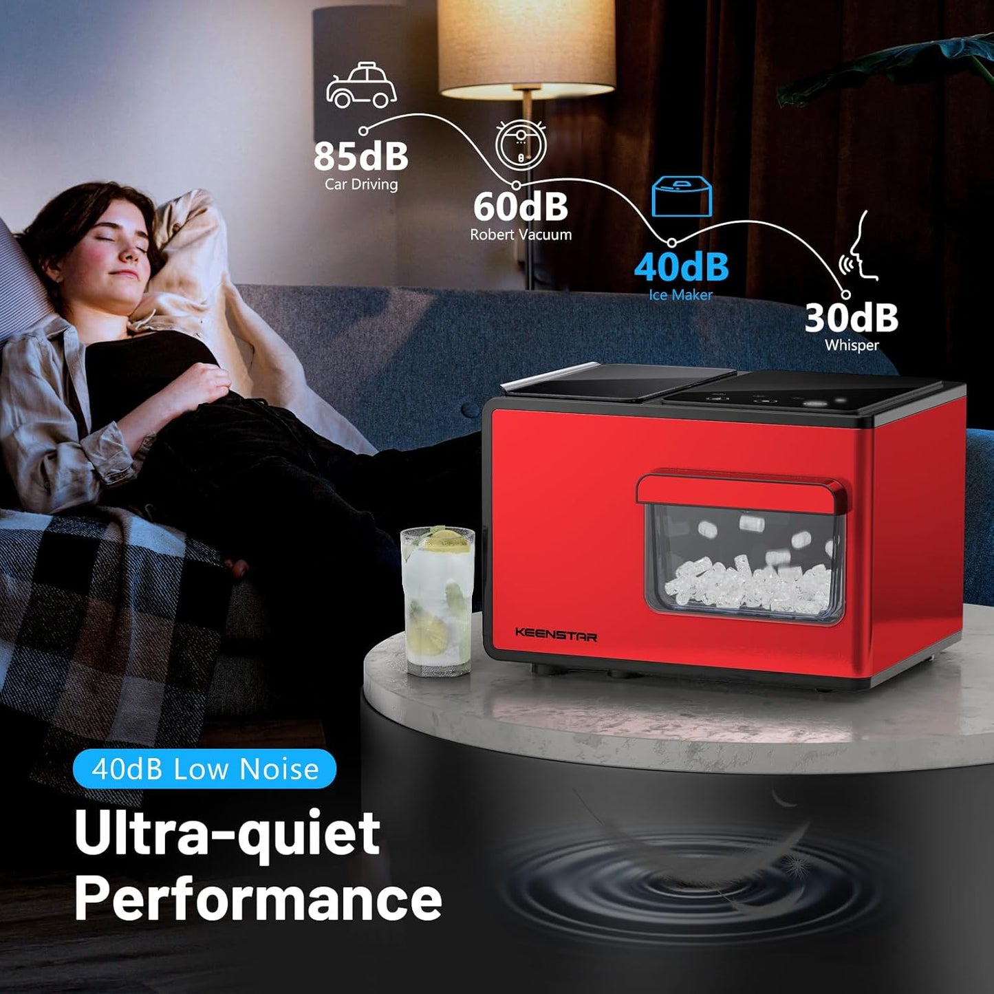 Nugget Ice Maker Countertop, Large Capacity 40lbs/24H, Pebble Ice Maker with Soft Chewable Ice, Self Cleaning, Smart Touch Screen, Sonic Ice Machine for Home Office Party RV - Red