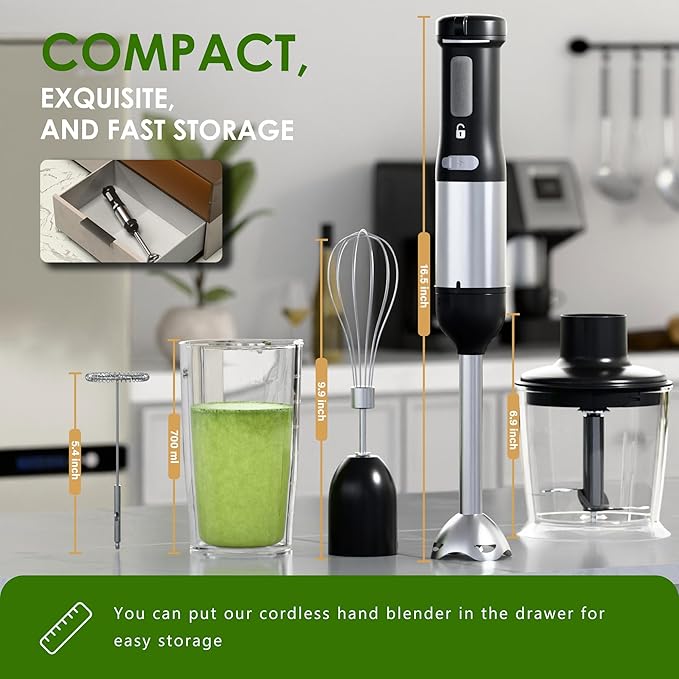 Cordless Immersion Hand Blender, 5-in-1 Variable Speed blender handheld,Rechargeable with 2000mAh Battery, BPA-Free & Dishwasher-Safe Accessories:700ml Beaker,Chopper,Whisk & Milk Frother,Ink