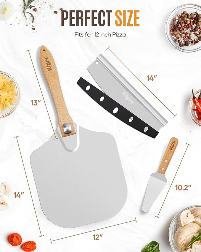 Pizza Peel Aluminum Pizza Spatula Set, 12 x 14 Inch Metal Pizza Paddle with Foldable Wooden Handle, Pizza Rocker Cutter, Pizza Server, Pizza Oven Accessories for Baking Homemade Pizza Bread