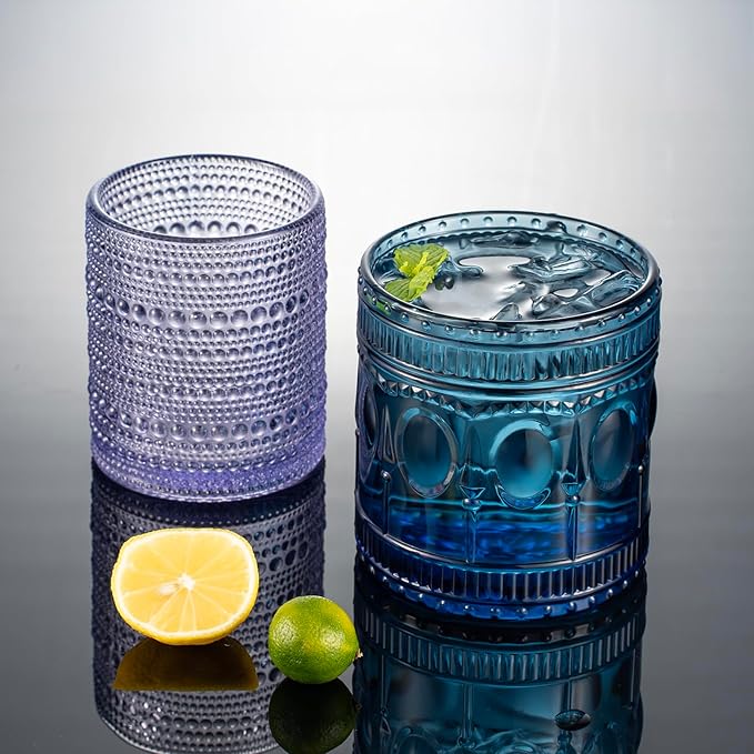 6-pack Vintage Drinking Glasses, Indian style,14 oz Large Modern Glass Tumbler, Embossed Patten Double Old Fashion Glass, Ripple Glassware (Cornflower Blue)