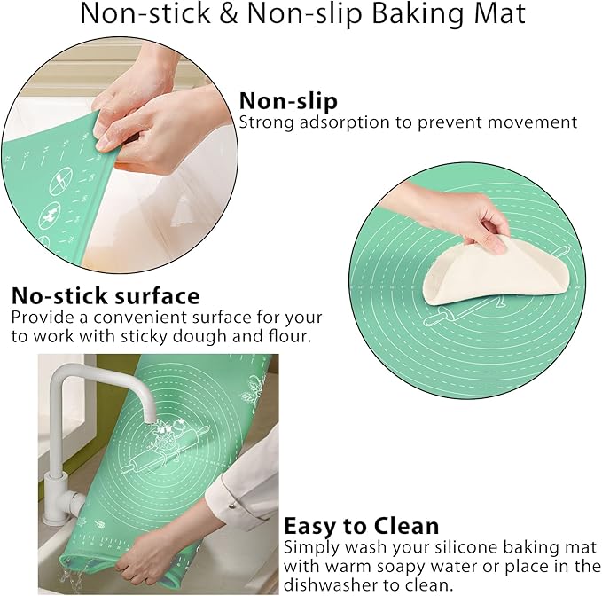 Silicone Pastry Mat 28" x 20" Extra Thick Non Stick Baking Mat with Measurements and Edge Heightening, Food Grade Silicone Rolling Mat for Pastry, Bread, Cookies, Pizza, Fondant, Pasta - Green