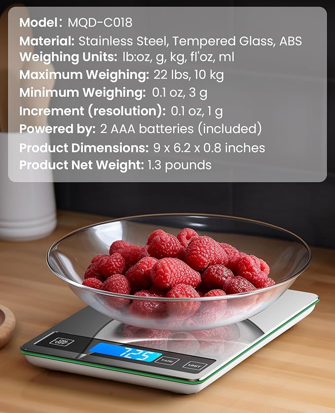 Nicewell Food Scale Digital Weight Grams and oz, 22lb Kitchen Scale for Cooking Baking, 1g/0.1oz Precise Graduation, Sleek Tempered Glass Platform (Black)