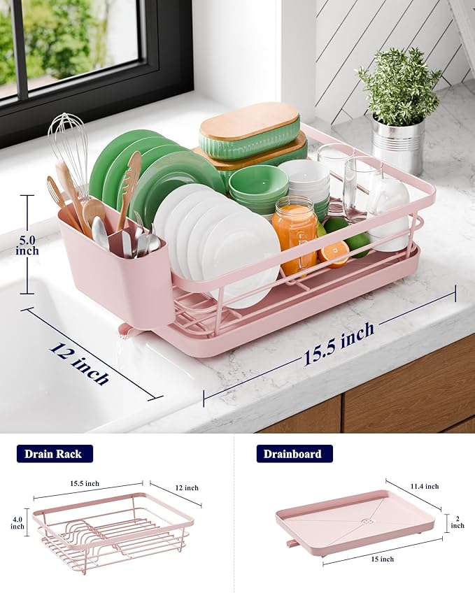 Kitsure Dish Drying Rack for Kitchen Counter, Stainless Steel Sink Organization and Storage Essentials with Cutlery Holder, Home and Appartment Decor, 12''W x 15.5''L, Pink